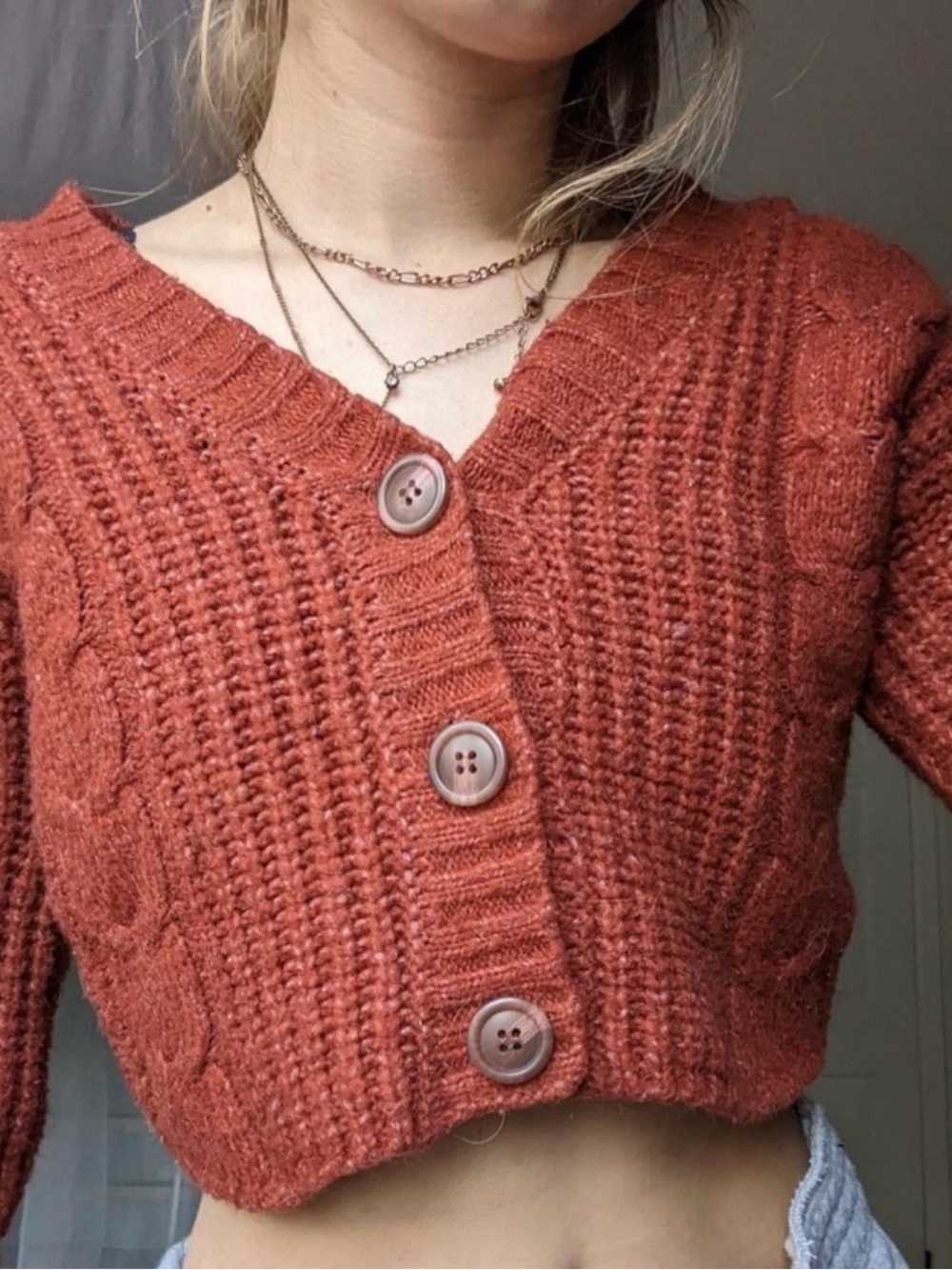 Urban Outfitters Rust Cable Knit Cropped Cardigan Sweater
